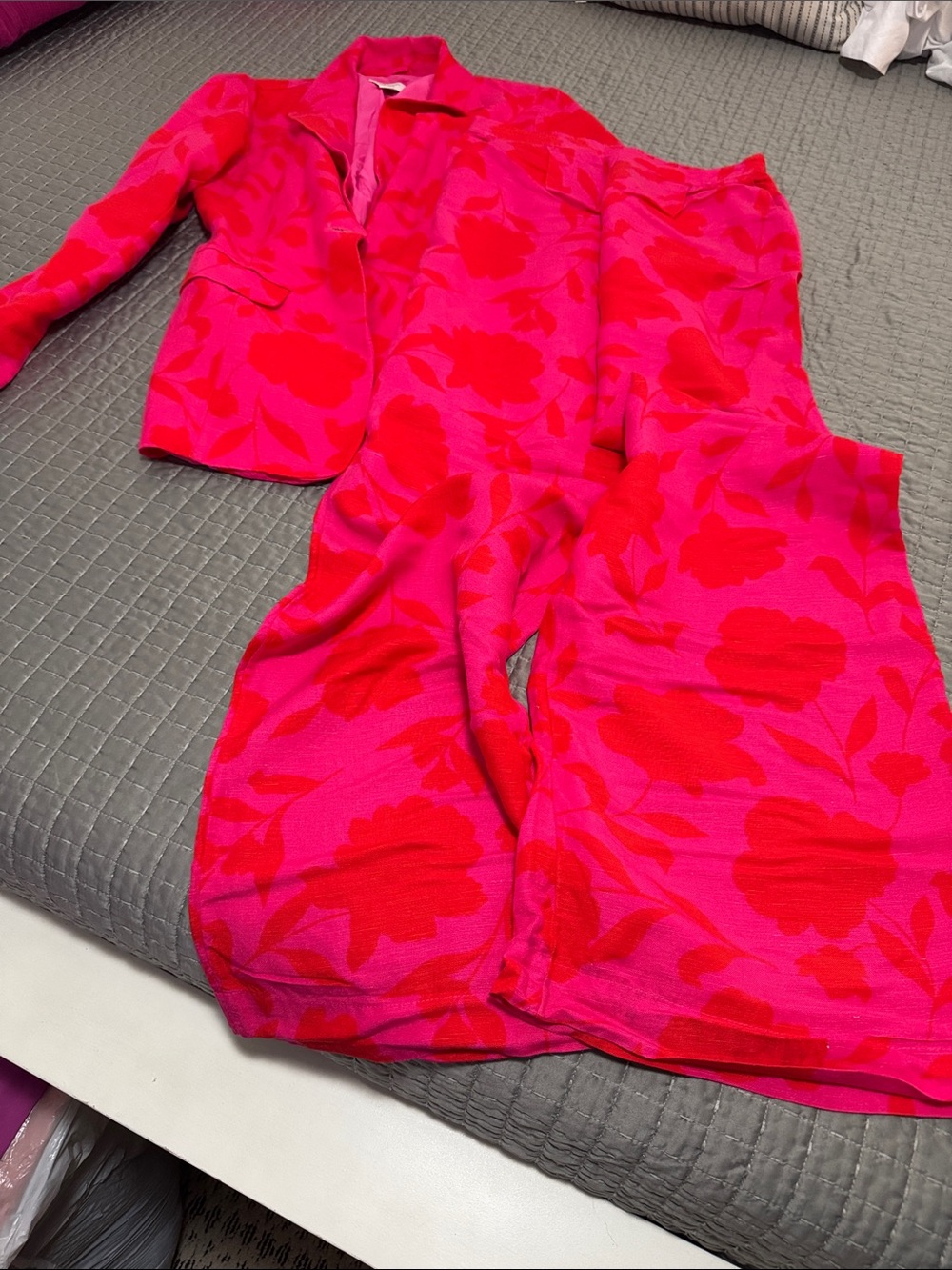 Hot Pink & Red Floral Blazer and Pants Set